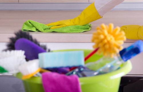 Cleaner Greenwich staff using safe cleaning practices with protective equipment